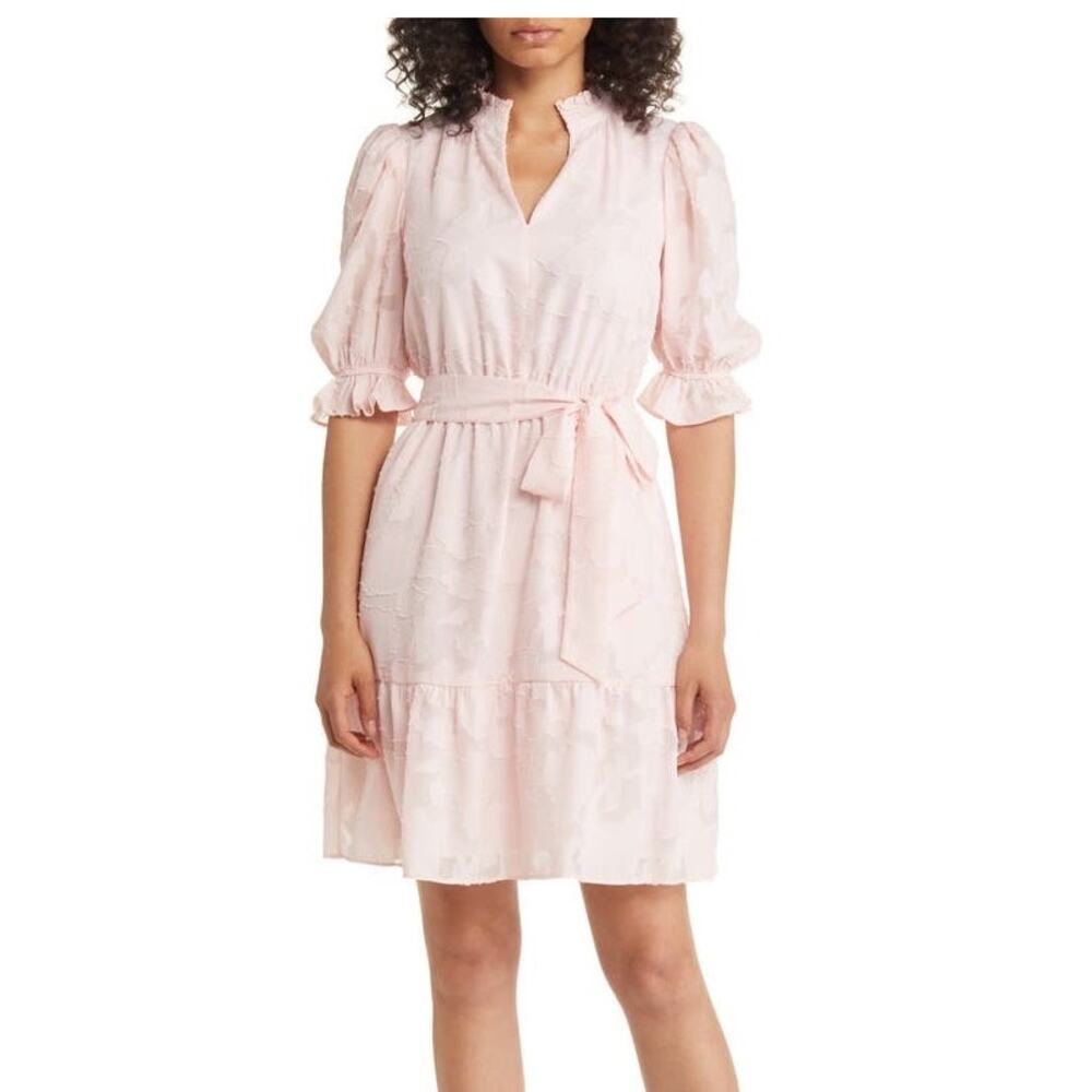 Eliza J Blush Pink Puff Sleeve Jacquard Waist Tie Ruffle Mini Dress Size 6